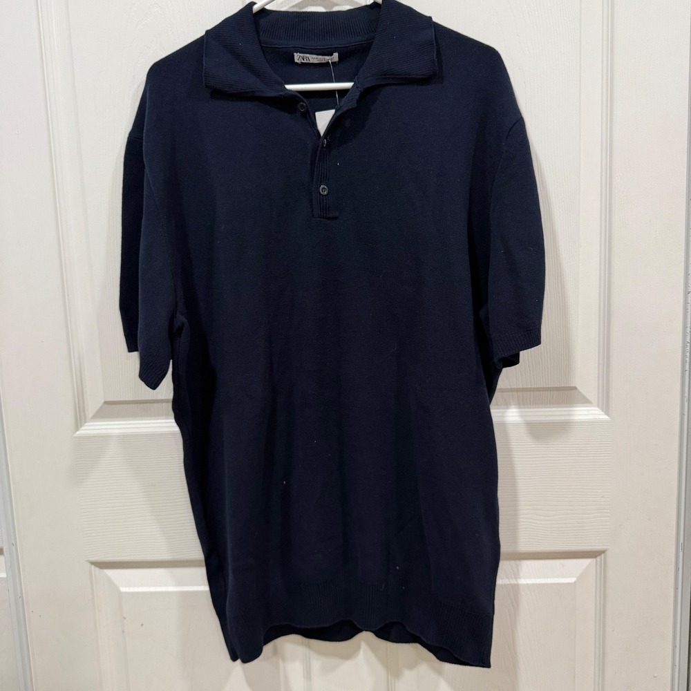 Zara Mens Navy Blue 100% Cotton Knit Polo Shirt XL 3003/302/401